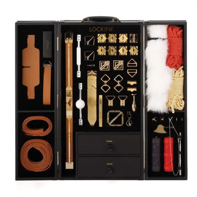 Open LOCKINK All-in-1 BDSM Play Kit case with restraints, accessories and coiled rope visible