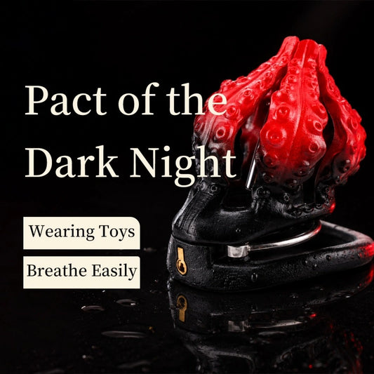 Black and red Cthulhu tentacle chastity cage with open design and key lock