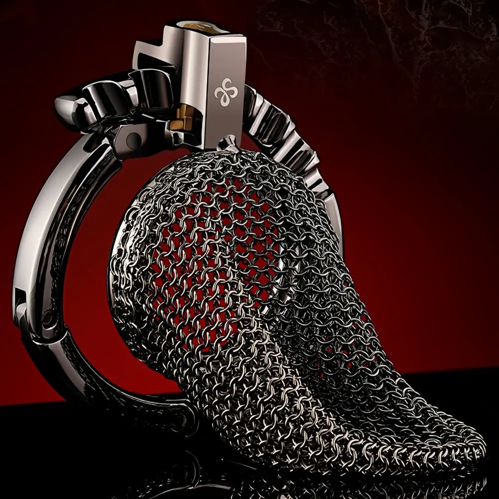 LOCKINK Hauberk 316 stainless steel mesh chastity cage with adjustable integrated ring on a red and black background